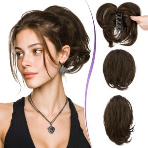 RUWISS Claw Clip Short Human Hair Ponytail Extension with Bendable Metals for DIY Styles, Straight Messy Bun Hair Piece for Women Thick Hairpieces for Daily Wear, 9 Inch Dark Brown