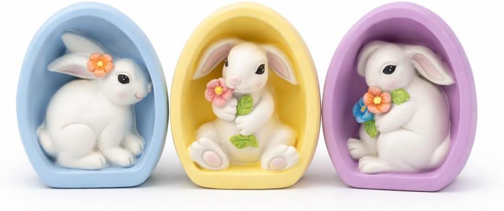 GoGnome Resin Easter Bunny Alcove Figurines, Set of 3  Pastel Egg Frame Bunny Decor, Spring Shelf & Mantel Display, Cute Seasonal Home Accent (Blue/Yellow/Purple)