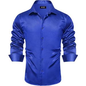 Hi-Tie Mens Satin Dress Shirt Long Sleeve Button Up Casual Luxrury Silk Shiny Prom Party Shirt (Blue, XL)