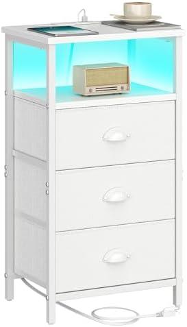 sthmec Nightstand with Charging Station, LED White Nightstand with 3 Fabric Drawers PU Finish, Bedside End Tables, 2-Tier Open Storage Shelf Side Table Nightstand with Drawers for Bedroom, White