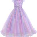 Flower Girls Maxi Dress Bridesmaid Wedding Pageant Party Princess Communion Floral Boho Vintage Lace Dance Gown, Size 140 (Purple)