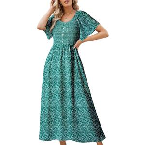 Dokotoo Womens Dresses 2025 Square Neck Tie Backless Summer Dresses Cap Sleeve Floral Buttoned Empire Waist Maxi Dress (M)