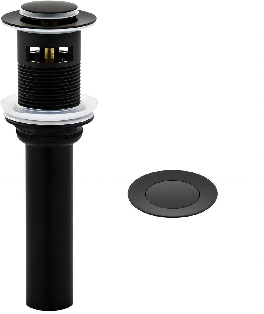 Matte Black Bathroom Sink Drain with Overflow - Small Cap Pop up Drain Fit for Large Sink Standard 1 3/4" Drain Opening with Hair Catcher Basket