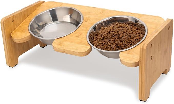 Toozey Elevated Cat Bowl, 15 Tilted Adjustable Raised Stand with Non-Slip Feet and 16oz Double Dish for Water and Food, Widen Stainless Steel Bowls(Non-Whisker Fatigue) for Cats and Puppy