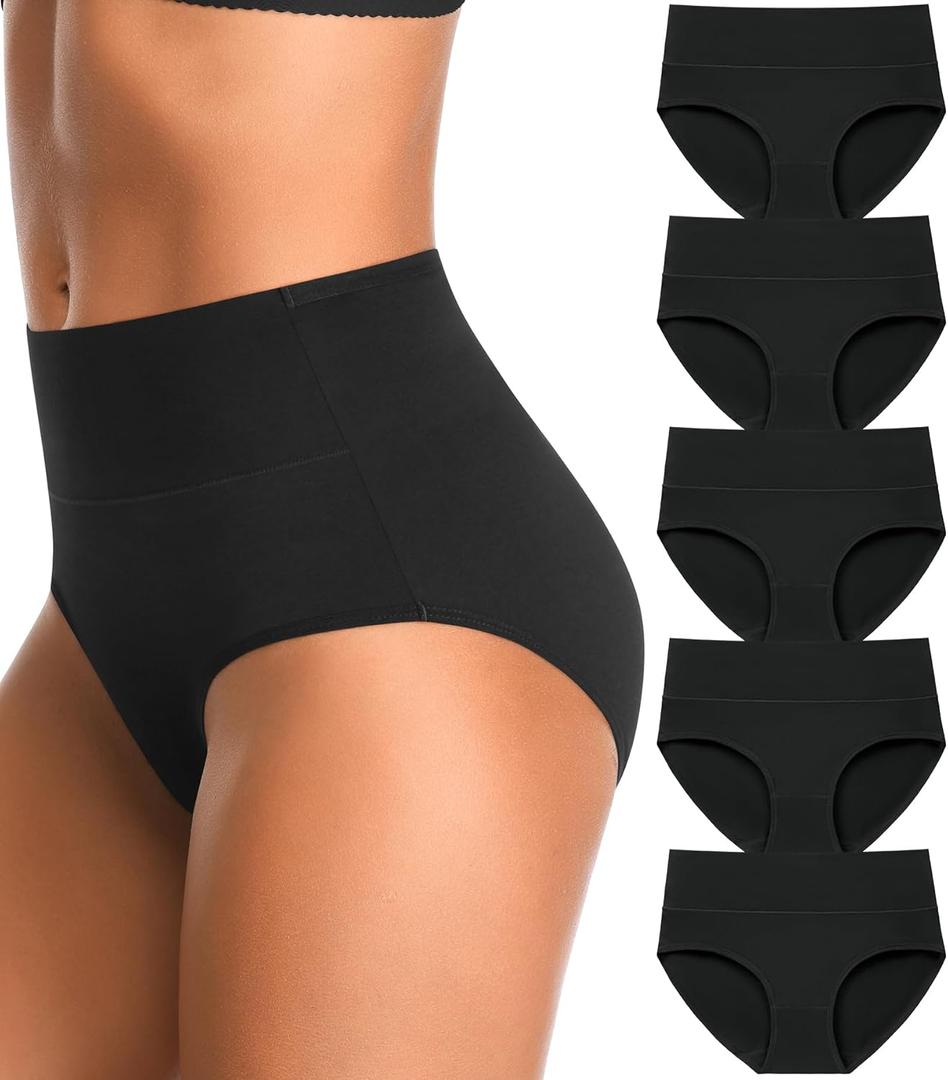 High Waisted Womens Underwear Cotton Tummy Control Postpartum Full Coverage Panties Stretch Briefs Black, Medium 