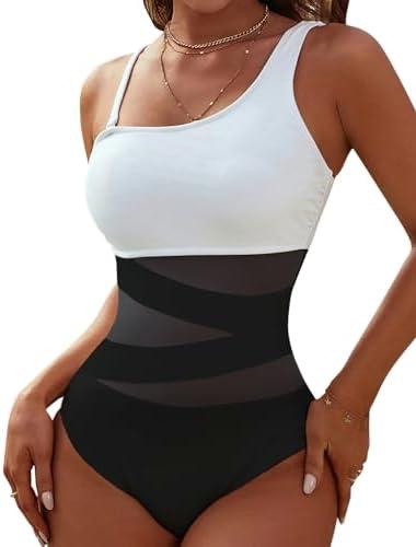 Blooming Jelly Women's Sexy One Piece Bathing Suits One Shoulder Swimsuits Slimming Mesh Swimwear, White and Black, M