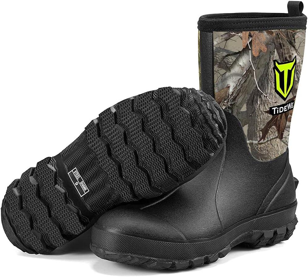 TIDEWE Rubber Boots for Men, 5.5mm Neoprene Insulated Rain Boots with Steel Shank, Waterproof Mid Calf Hunting Boots, Sturdy Rubber Work Boots for Farming Gardening Fishing (8, Next Camo G2)