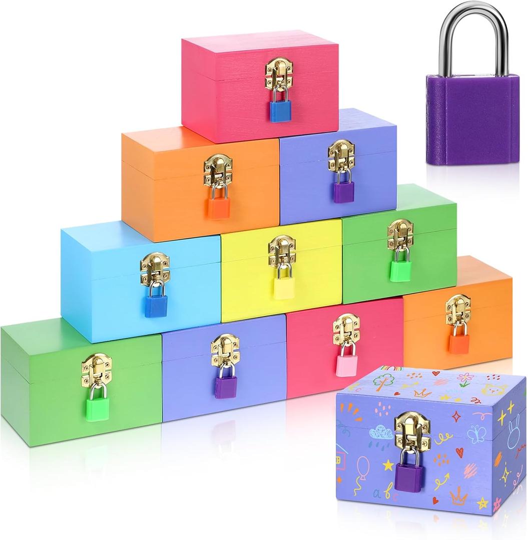 12 Set 24 Pcs Unfinished Wood Box with Mini Padlock Locks, Small Treasure Chest with Hinged Lid 4.7x3.2x3.2'' Lockable Wooden Treasure Box for DIY Craft Jewelry Desktop Storage (Colorful)