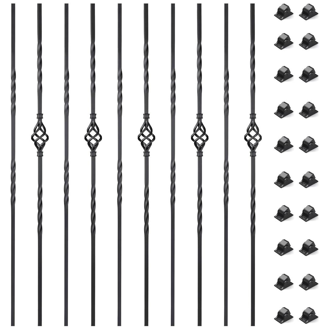 10 Pack Staircase Balusters, 1/2" x 44" Hollow Single Basket and Double Twist Iron Balusters for Staircase Indoorwith 20 Swivel Shoes