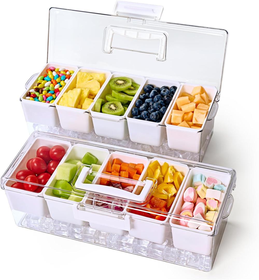 2 Pack Chilled Condiment Tray Server with 5 Removable Compartments Containers & Hidden Handle Design, Ice Chilled Condiment Organizer, Clear Garnish Serving Tray Platter for Camping, Fruit, Salad