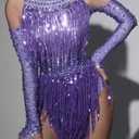 Women's Latin Dance Leotard Pole Dance Performance Costume Sequins Tassel Bodysuit Birthday Cocktail Party Dresses (Purple, S)