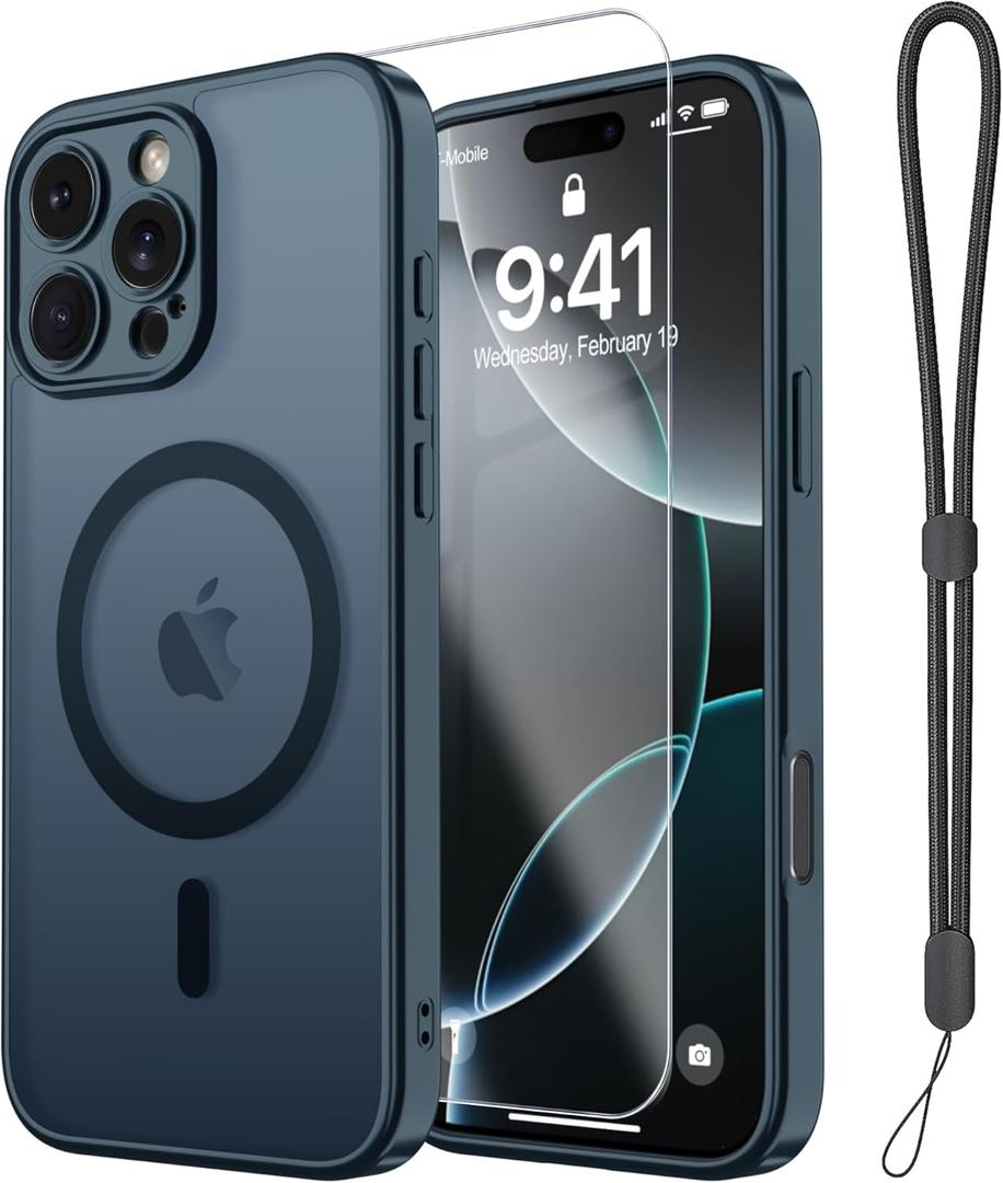 Janmitta Magnetic for iPhone 16e/17e Case,with Screen Protector+Wrist Strap,Compatible with MagSafe,Camera Protection,Military Grade Drop Protection,Slim Translucent Matte Phone Cover,Navy Blue
