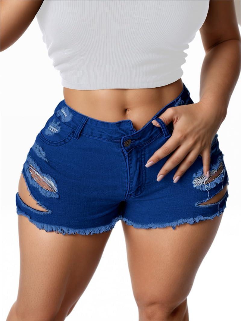 YeGine Women's Ripped Jeans Cut Up Stretchy Fringe Denim Shorts (Drak Blue)