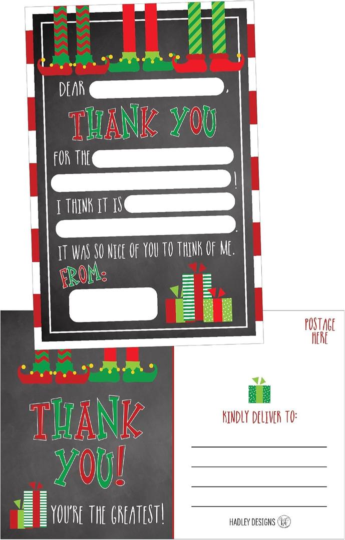 Hadley Designs 25 Christmas Holiday Kids Thank You Cards, Elf Fill In the Blank Thank You Notes, Personalized Card For Birthday Party or Christmas Gifts, Stationery For Children Boys and Girls