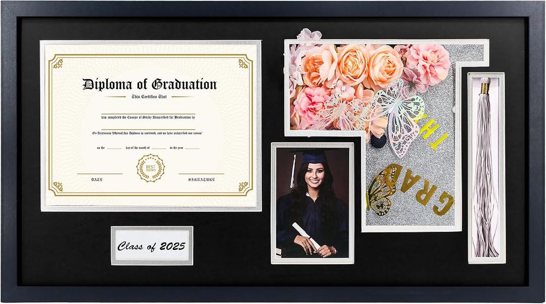 Graduation Shadow Box Frame for 8.5x11 Diploma & 4x6 Photo with Graduation Cap & Tassel Holder Class of 2024 2025 Wood Display Case Black over White Mat