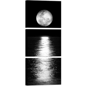Artmyharbor Full Moon Phase Canvas Wall Art Vertical Black and White Picture Moon on Sea Print Modern Bedroom Decorations Cool Apartment Decor for Men