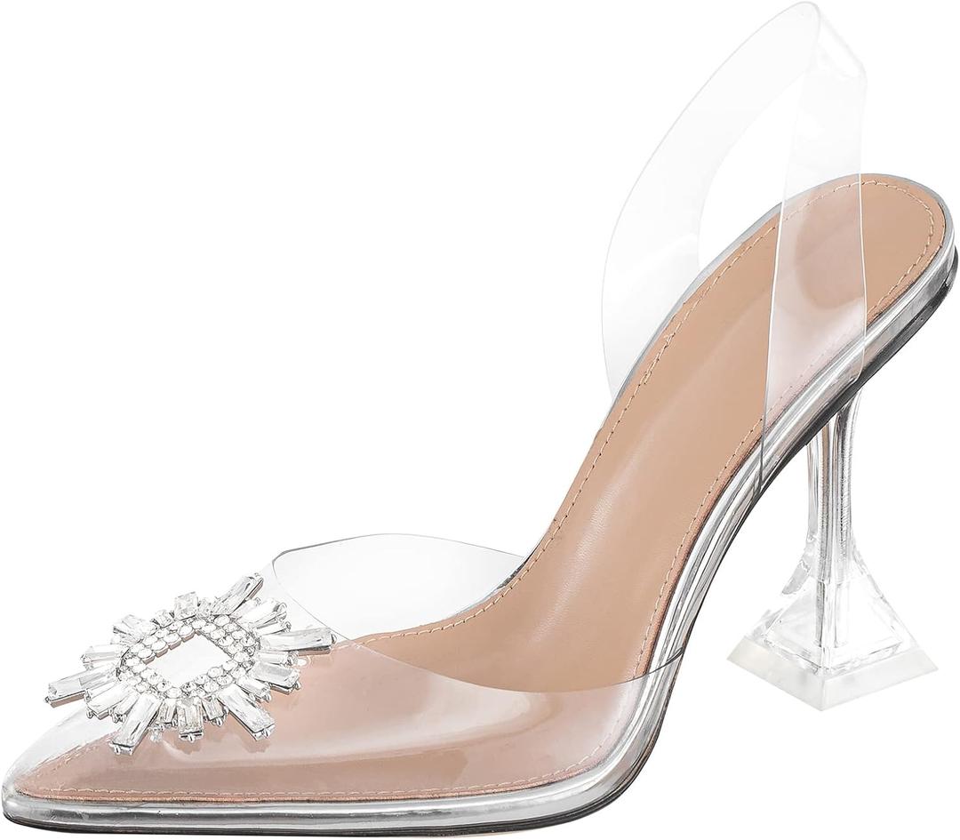 Clear Heels For Women,Crystal Rhinestones Slingback Wedding Shoes,Pointed Toe High Heel Womens Sandals, US 10