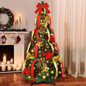 [ 8 Modes & Timer ] 6 Ft Prelit Full Pop Up Christmas Tree with 200 Warm LED Lights, Gold and Red Ribbon, Bows, Balls Ornaments Easy Assemble Collapsible Xmas Trees Holiday Party Decor