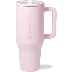 HydroJug Traveler - 40 oz Water Bottle with Handle & Flip Straw - Fits in Cup Holder, Leak Resistant Tumbler-Reusable Insulated Stainless Steel & Rubber Base - Gifts for Women & Men, Pink Sand