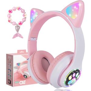 Wireless Headphones for Kids, Cat Ear LED Light Up Bluetooth Kids Headphones with Microphone for School/Travel/Sports/Gaming/Gifts/Christmas (Pink)