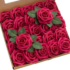 Ling's moment Artificial Flowers 25Pcs Hot Pink Roses Decor w/Stems, 3" DIY Foam Floral for Wedding Bouquet/Centerpieces, Outdoors Party Backdrop, Room/Table, and Garden/Pot Decorations