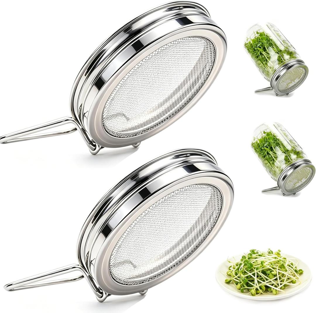 2 Pack Stainless Steel Sprouting Lids for Wide Mouth Mason Jars, Reusable Fine Mesh Sprouting Jar Kit for Broccoli Sprouts Growing Kit, Home Gardeners