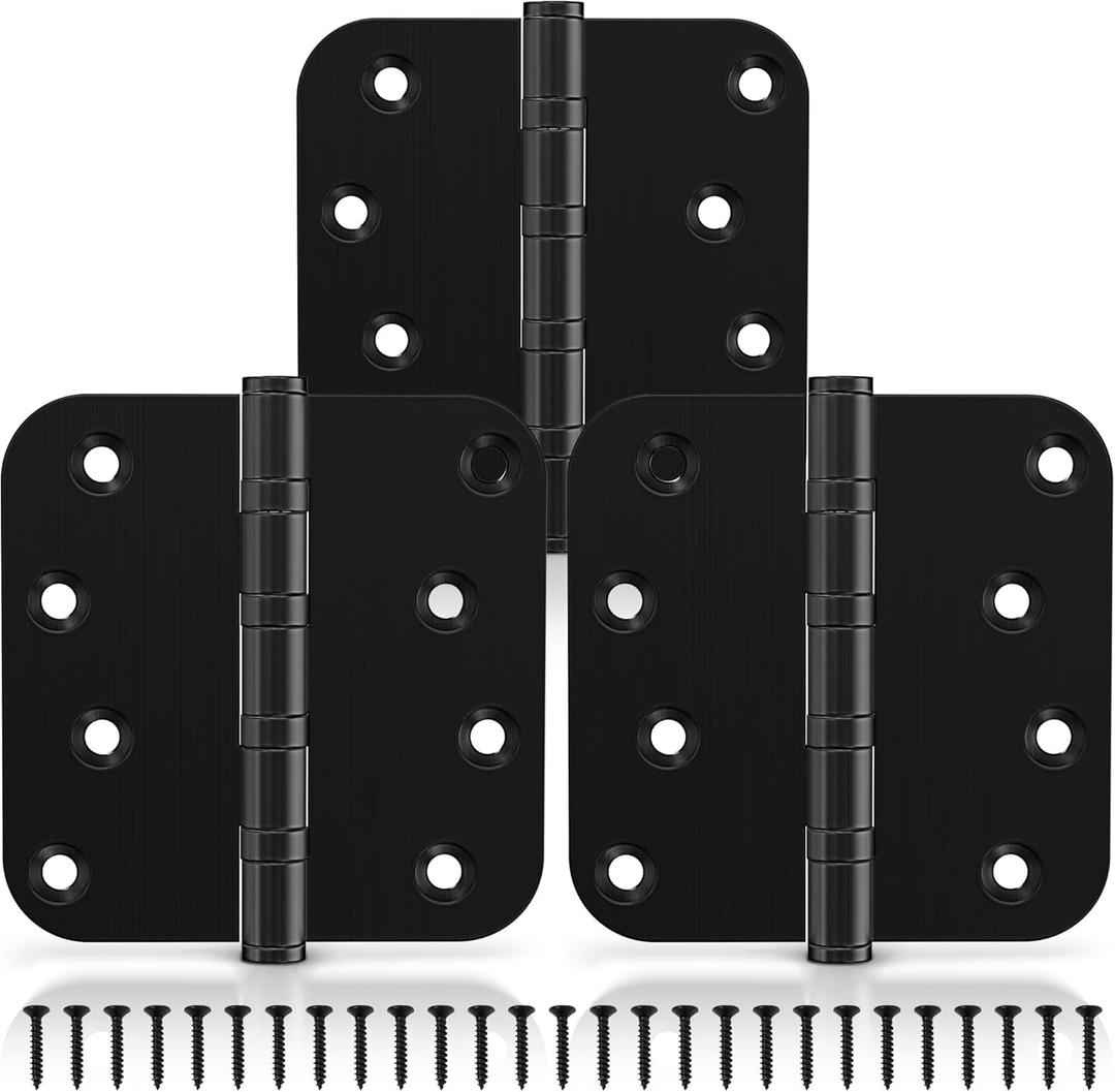 KOLET Ball Bearing Door Hinges, 4 x 4 Inches Door Hinges, Heavy Duty Stainless Steel Hinges, 5/8'' Radius Corner, Smooth and Quiet, Non Removable Pin, Matte Black, 3 Pack