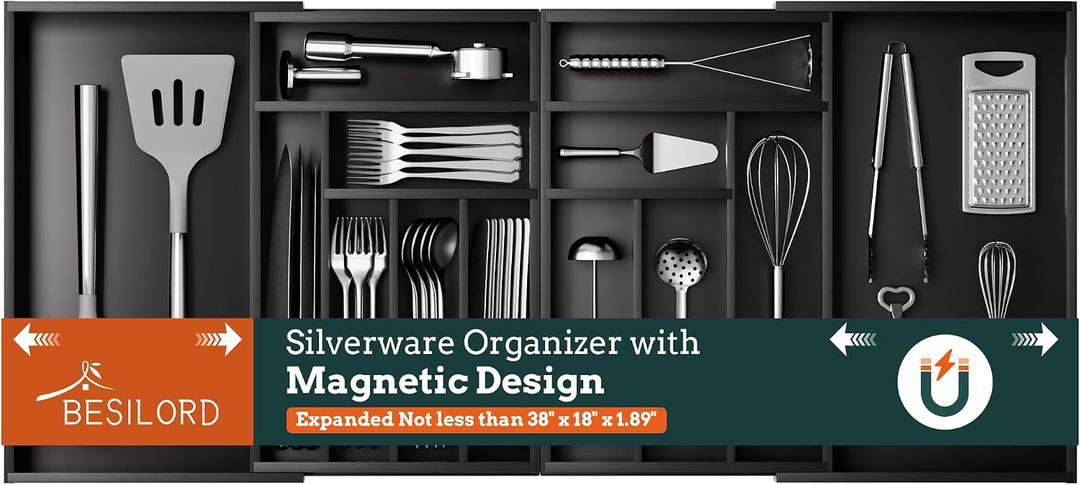 Silverware Organizer Large, Magnetic Connected Expandable 13 Slots Silverware Drawer Organizer From 21 to 37.4 Inches, Adjustable Flatware and Cutlery Holder, Bamboo Utensil Tray for Kitchen Black