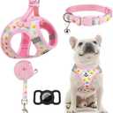 EXPAWLORER Small Dog Harness and Leash Set - Cute Puppy Harness Leash Dog Collar with AirTag Holder Silicone Case, Soft Padded Step in Pet Vest Reflective for Outdoor Walking, Floral M