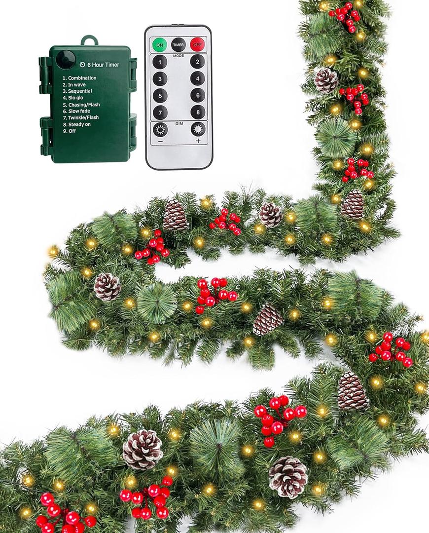 Remote Control - 18FT Long Prelit Outdoor Christmas Garland 100 Warm White & Colorful Lights Timer 12 Mode Thick 490 Branches 15 Pinecone 165 Berry Christmas Cedar Garland for Stairs Porch Front Door
