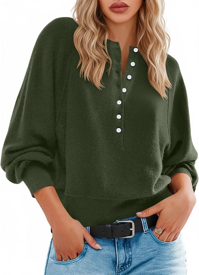 Henley Pullover Sweaters for Women Spring Button Long Sleeve Dressy Casual Loose Cozy Knit Tops Trendy Outfits Small