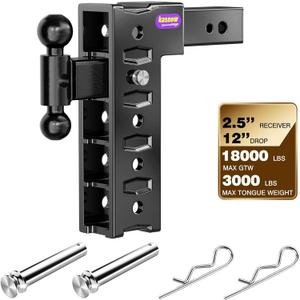 Adjustable Trailer Hitch for 2.5" Receiver(18,000LBS GTW), Heavy Duty Tow Hitch with 12" Drop/Rise, Dual Ball Mount (2" & 2-5/16") with Locking Hitch Pins, Drop Hitch for Trucks