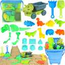 Beach Toys, Dinosaur Sand Toys with Dump Truck and Collapsible Beach Bucket, Shovel and Rake, Mesh Bag, Animal Dinosaur Sand Molds, Sand Castle Toy, Sandbox Toys for Toddlers Kids Boys