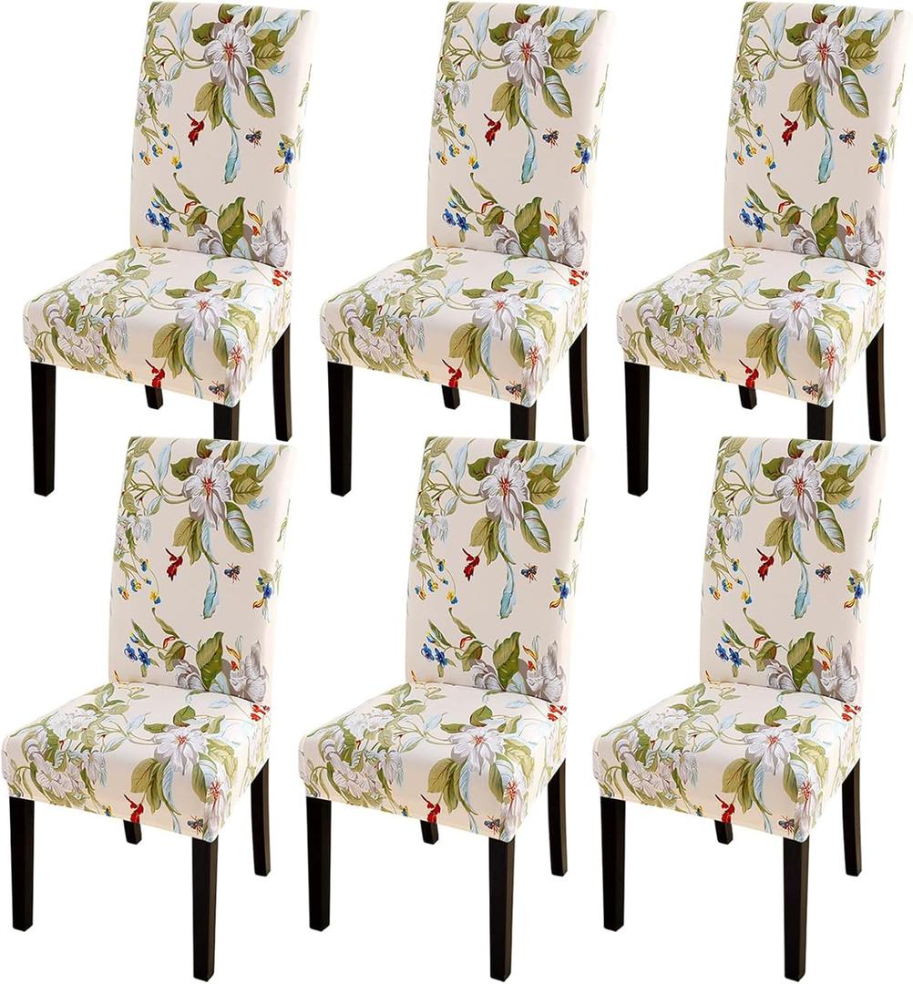 SearchI Dining Room Chair Covers Slipcovers Set of 6, Spandex Super Fit Stretch Removable Washable Kitchen Parsons Chair Covers Protector for Dining Room,Hotel,Ceremony,Beige+Flowers