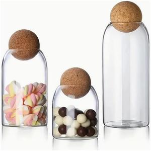 Glass Storage Jars with Ball Cork Lids - 3 Pcs Set, Decorative Round Glass Canisters, Wood Ball Lids, Sizes: 500ML/17Oz, 800ML/27Oz, 1000ML/34Oz