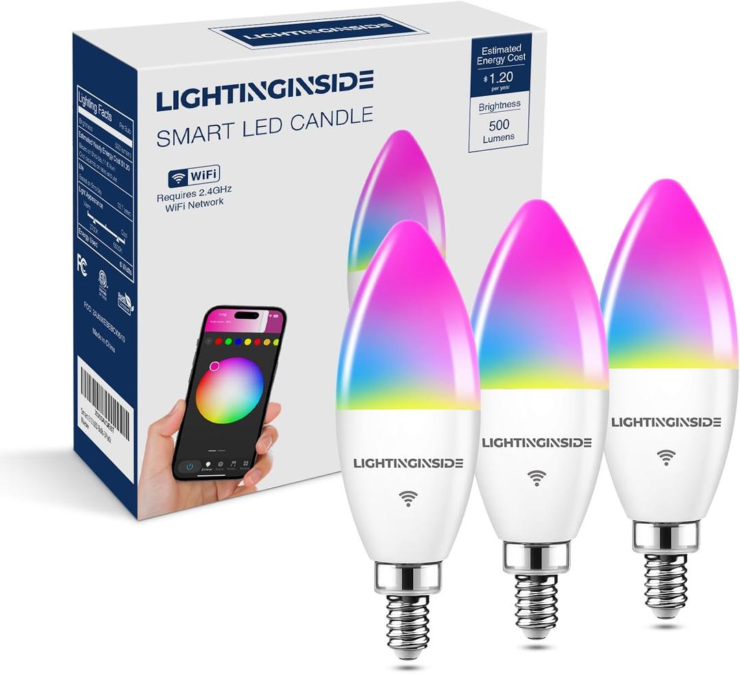 E12 Smart Bulb 60W Equivalent, 500LM 6W WiFi Candelabra LED Light Bulb Compatible with Alexa/Google Home, No Hub Required, RGBCW Chandelier Candle Bulb, 2.4G WiFi Only, ETL Listed, 3PCS
