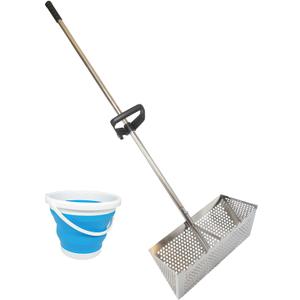 Sand Fleas Rake, Stainless Steel Sand Sifter, Detachable 47 Inches Long Handle, Collapsible Shark Tooth Sifter for Beach, Sand Crab Catcher with Foldable Pail.