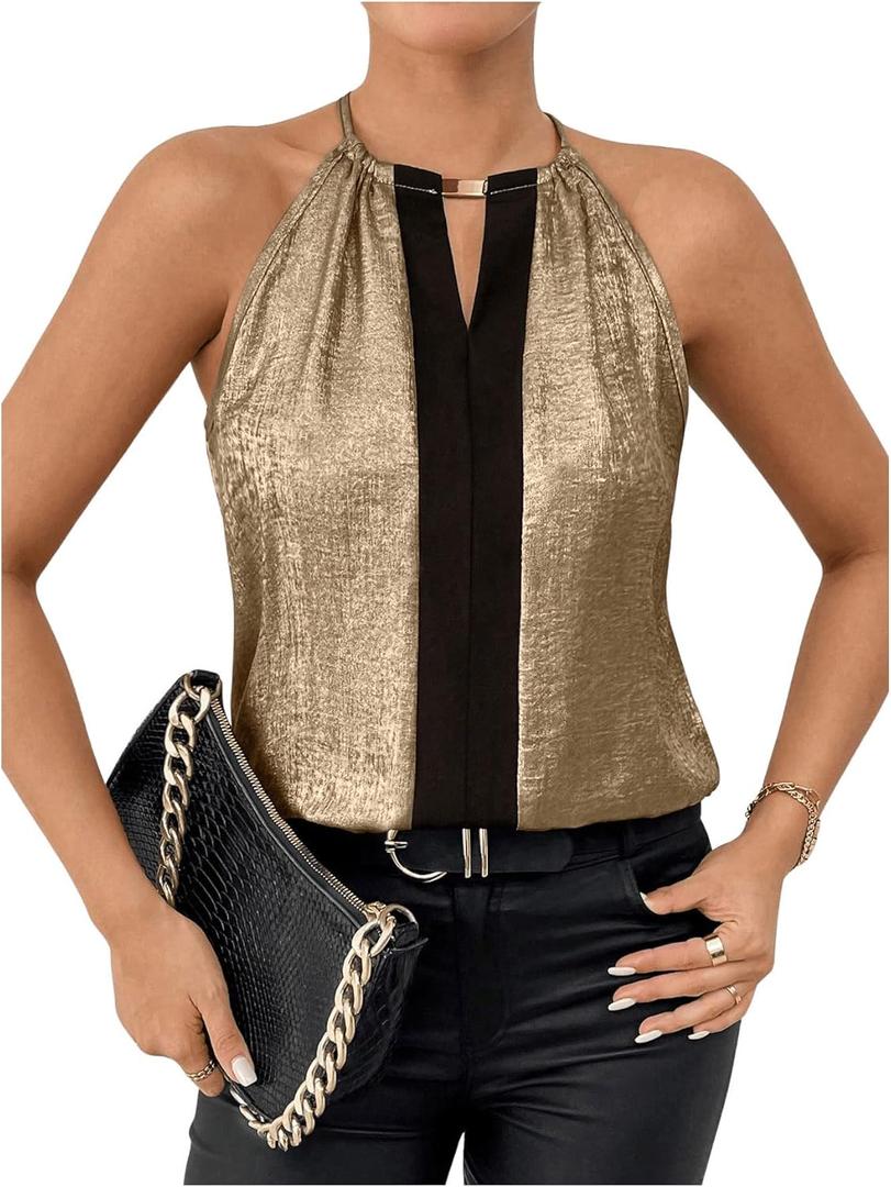 SOLY HUX Women's Metallic Sleeveless Shirts Color Block Halter Neck Tunic Top Party Club Blouses (Large, Gold and Black)