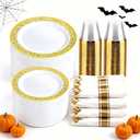 WELLIFE 100 Guests Dinnerware Sets, Gold Plastic Plates, Platos Para Fiestas Elegantes Desechables Include:100 Dinner Plates,100 Dessert Plate,400 Pcs Gold Plastic Silverware, 100 Cups for Party