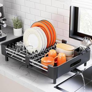 Urackify Stainless Steel Dish Drying Rack - Dish Drainer for Kitchen Counter, Extendable Drainboard with Foldable, Space-Saving Cup & Bowl Organizer, Includes Knife and Utensil Holder, Black, Large