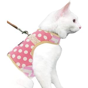Cat Harness and Leash for Walking Escape Proof, Adjustable Cat Walking Jackets, Padded Stylish Cat Vest Polka Dot Pink, Large