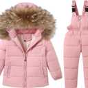 CARETOO Toddler Boys Girls Winter Down Coats Snowsuit Outerwear 2Pcs Clothes Hooded Jacket Snow Ski Bib Pants Outfits Set (1-2T, Pink)