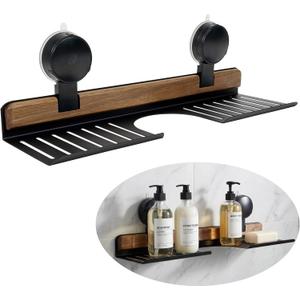 Over Sink Shelf with Walnut, 15.7" Tool-Free Organizer, Strong Suction Cup Rack with Easy Drainage for Kitchen & Bathroom