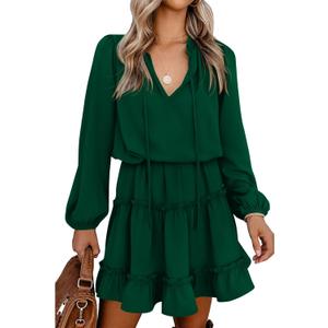 BTFBM Long Sleeve Summer Dresses for Women 2026 Casual Tie Neck Ruffle Tiered A Line Mini Spring Wedding Guest Dress (Medium)
