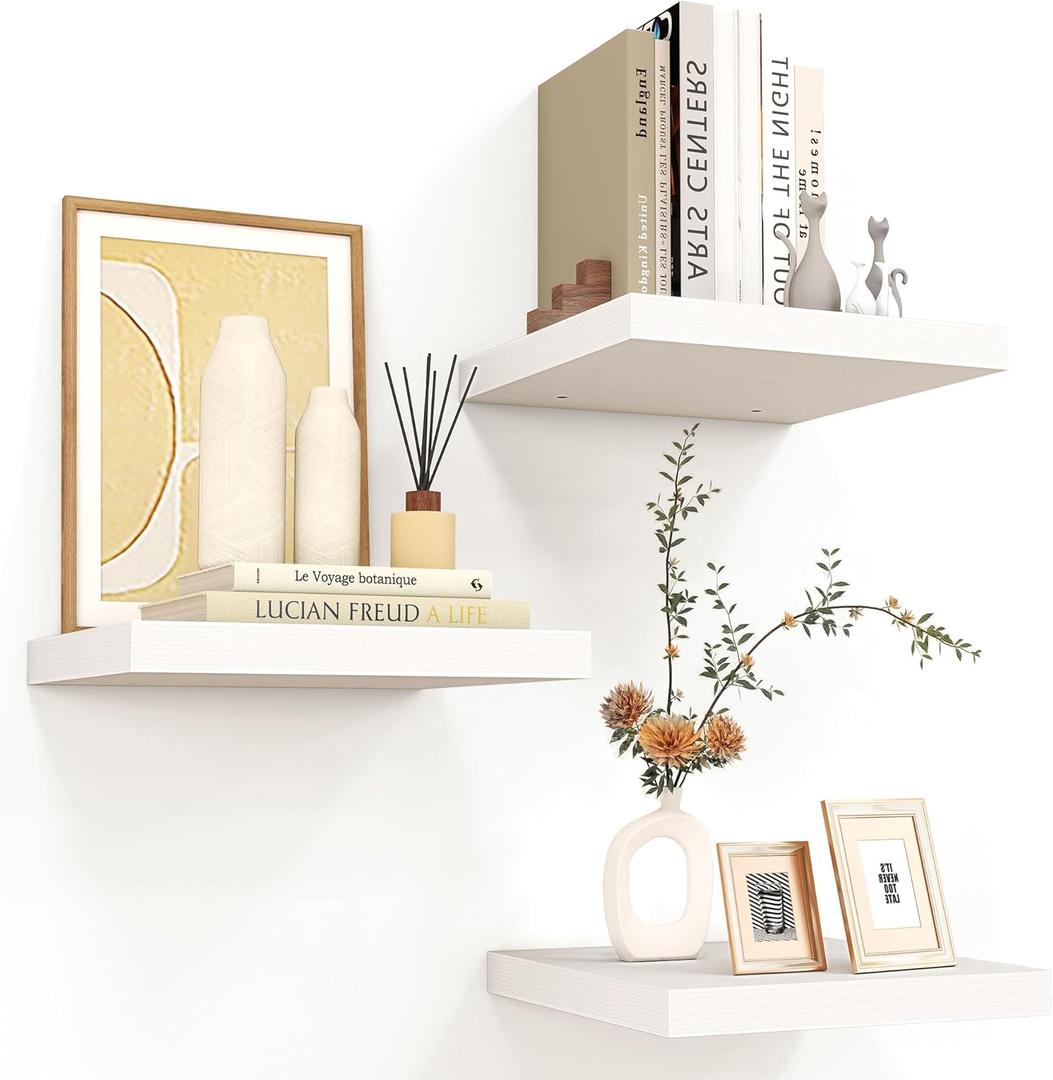 Square Floating Shelves for Wall 12"W x 12"D x 1.2"H, Small Engineered Wood Wall Shelves with Invisible Brackets for Living Room Bedroom Bathroom Office Kitchen Storage Decor, White Finish, Set of 3