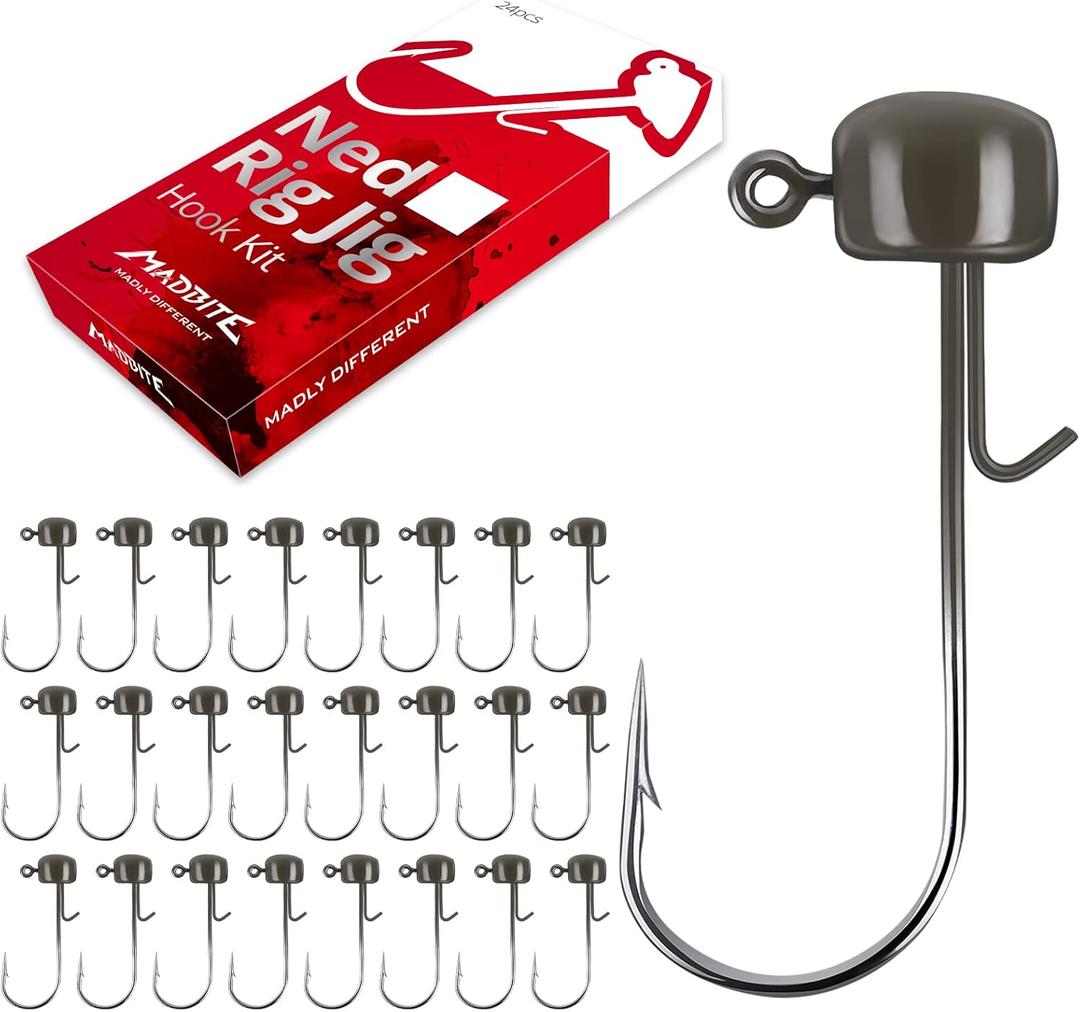 MadBite by KastKing Ned Rig Jig Heads for Soft Fishing Lures, 24-Pack Finesse Standard Mushroom Stand-up Ned Heads Kit, Needle Point Saltwater & Freshwater Versatility Ned Rig Hooks 1/8, 1/16, 3/16 oz (Green Pumpkin)