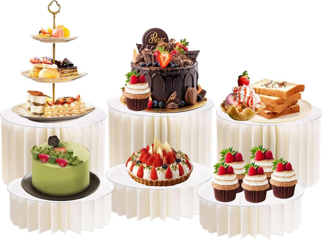 6 Pcs Buffet Risers, Foldable Food Display Risers, Acrylic Disc Dessert Table Display Set, Paper Cupcake Cake Stand for Party, Cylinder Stands for collectibles, Jewelry Figures (White)