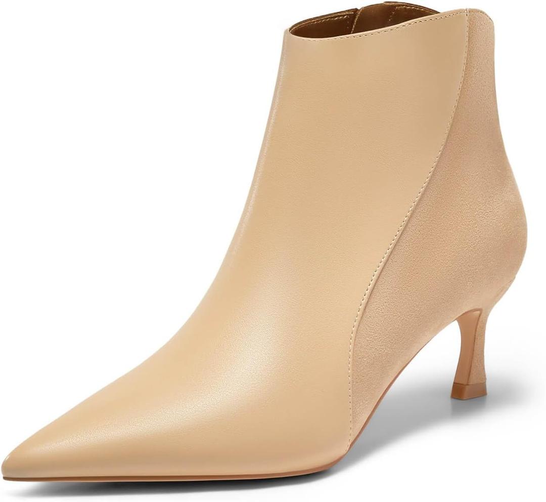 Coutgo Womens Kitten Heel Ankle Boots Pointed Toe Side Zipper Fall Winter Booties Shoes (9, Khaki)