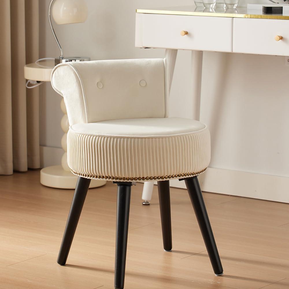 White Velvet Vanity Stool with Back - Vanity Chair with Back Small Chair for Vanity Tufted Accent Chairs Makeup Chair for Bedroom Bathroom and Living Room