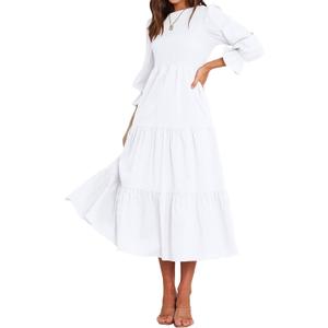 BTFBM Women Casual Long Sleeve Crew Neck Fall Dress Bohemian Relaxed Fit Floral Flowy Maxi Dresses Tiered Cocktail Dress (White, S)